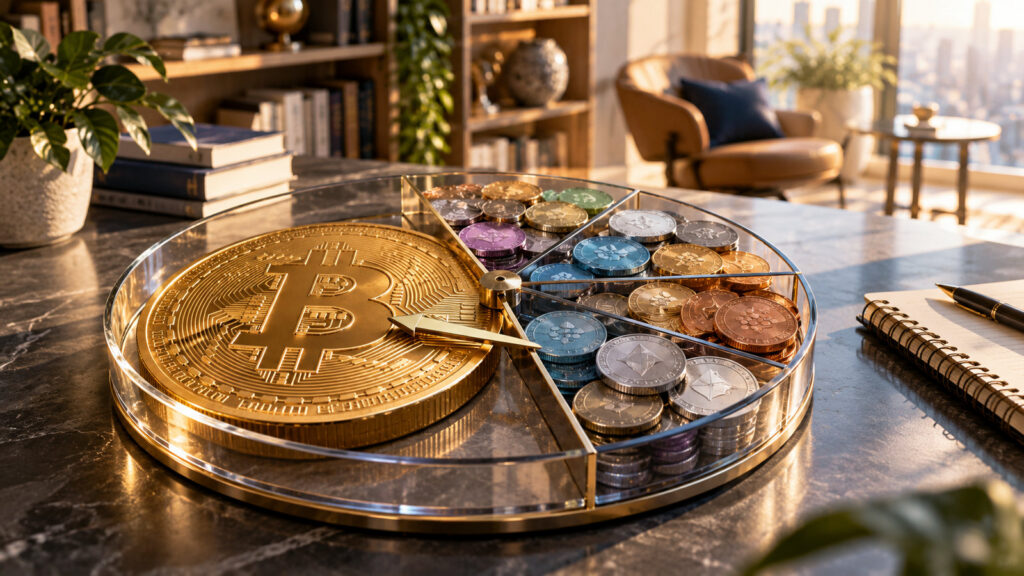 Обложка статьи о доминации Bitcoin: крупная монета BTC занимает основную часть круговой композиции из криптовалют