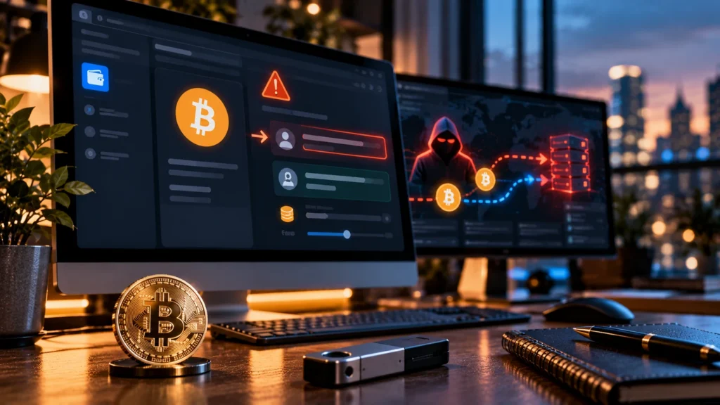 Bitcoin-кошелёк Electrum на компьютере и предупреждение о подмене транзакции: постановочная обложка об уязвимости, исправленной в версии 4.8.3