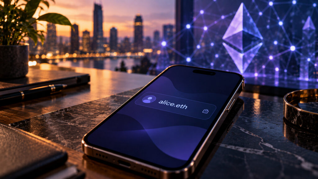 Оригинальная редакционная иллюстрация запуска ENSv2: смартфон с условным именем alice.eth на фоне визуальных элементов Ethereum; не скриншот официального кошелька