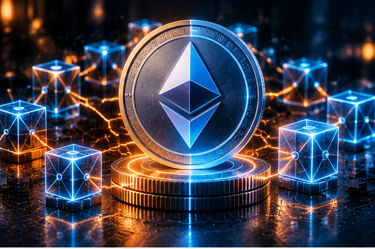Монета Ethereum и соединённые блоки как иллюстрация платы за газ в сети