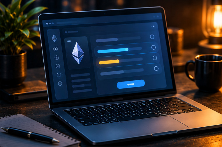 Ноутбук с условным окном настроек комиссии Ethereum перед подтверждением транзакции