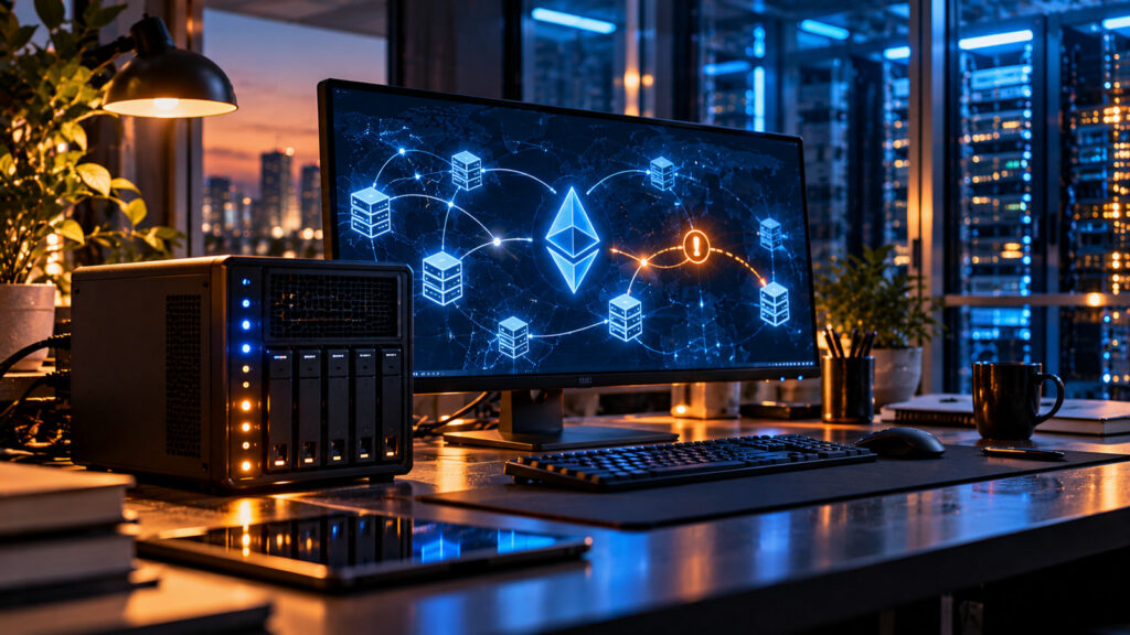 Редакционная концептуальная иллюстрация Ethereum-узла в серверной: монитор с визуализацией сетевых подключений и предупреждением о риске подмены HTTPS-сертификата; не реальный интерфейс Teku или Besu