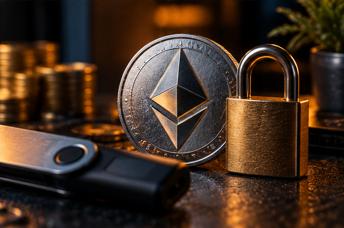 Монета Ethereum, аппаратный криптокошелёк и металлический замок как символ защиты токенов