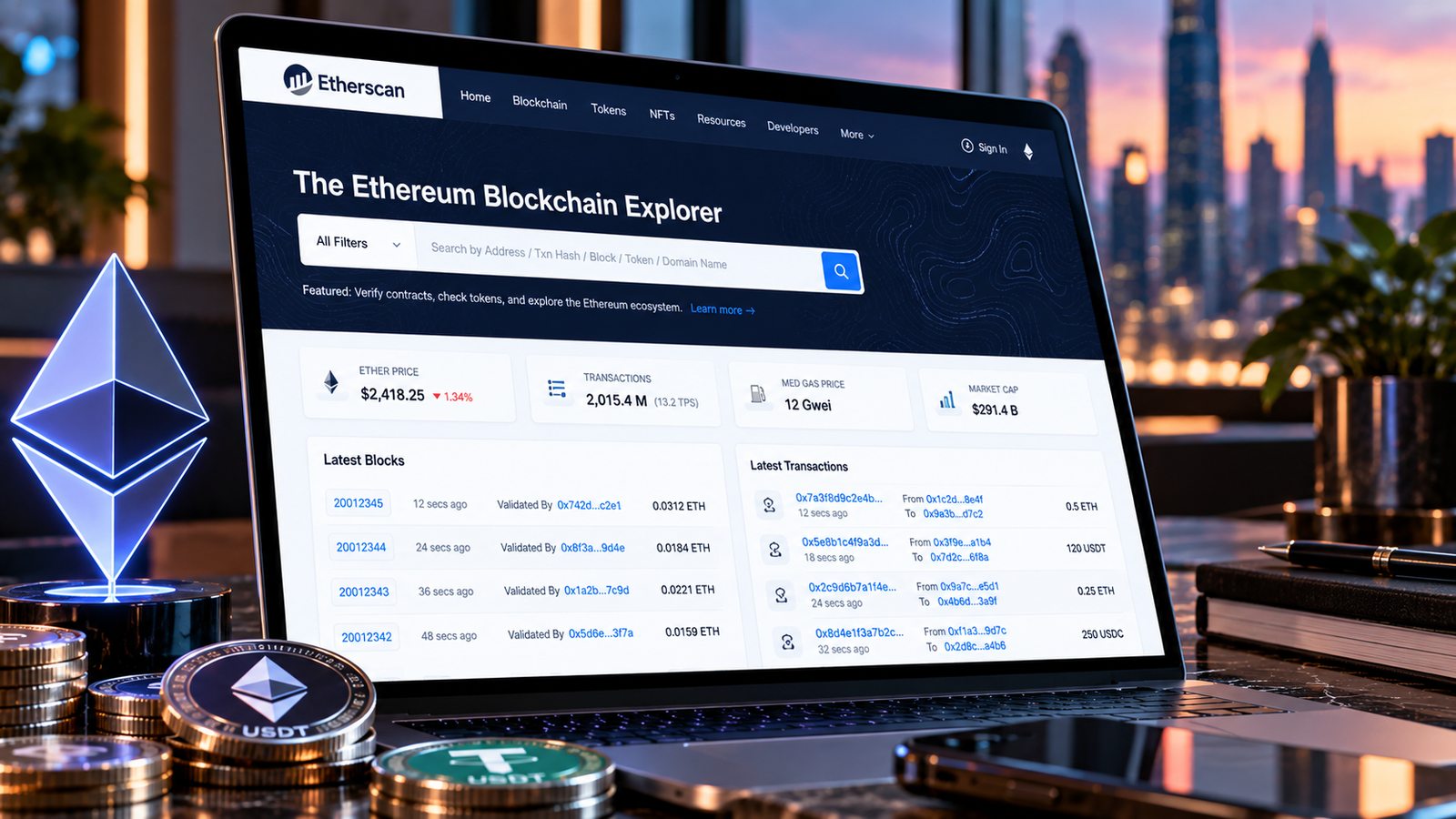 Поисковая строка обозревателя Ethereum для просмотра адреса кошелька и транзакций