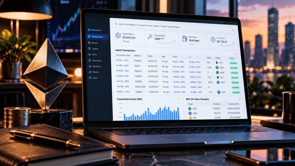 Etherscan: обозреватель блокчейна Ethereum на ноутбуке и эмблема ETH на рабочем столе, обложка руководства