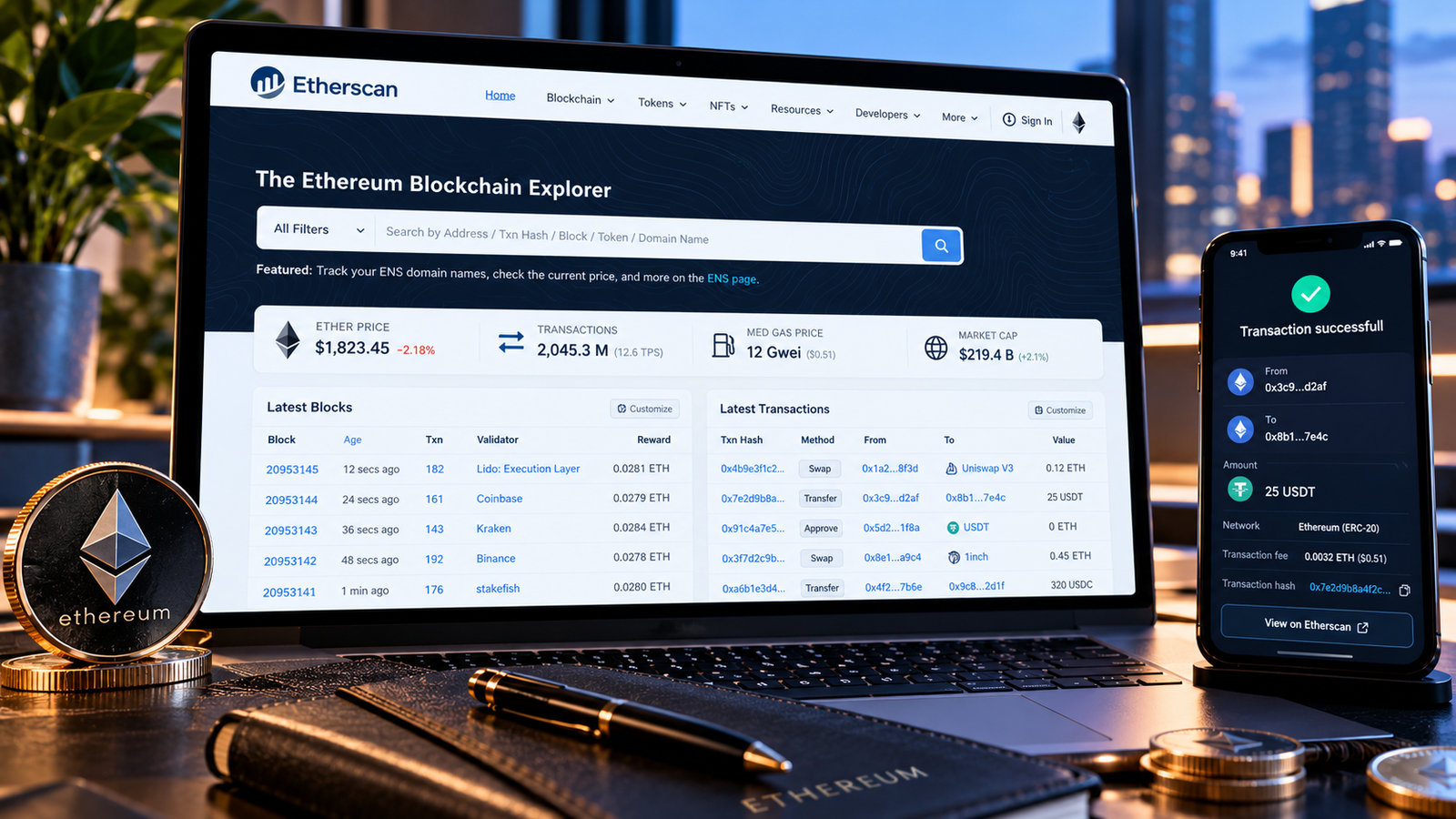 Проверка транзакции Ethereum в обозревателе Etherscan на ноутбуке и смартфоне, иллюстративный интерфейс