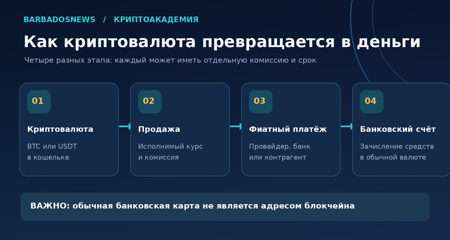 Схема вывода криптовалюты: BTC или USDT, продажа, фиатный платёж и зачисление в банк