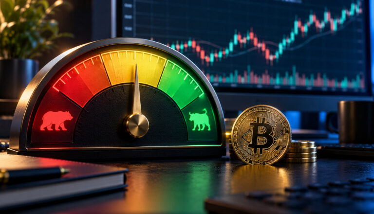 Индекс страха и жадности криптовалют Bitcoin: цветной индикатор рыночных настроений и монета BTC на фоне торгового графика