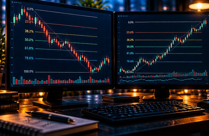 Два криптовалютных графика с разной разметкой Фибоначчи на торговых мониторах