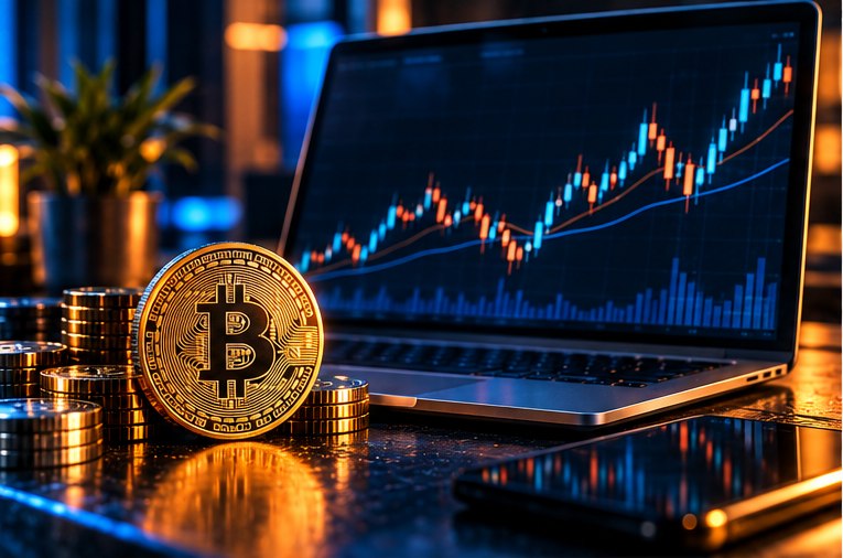 Криптовалютные фьючерсы: золотая монета Bitcoin перед ноутбуком с графиком роста