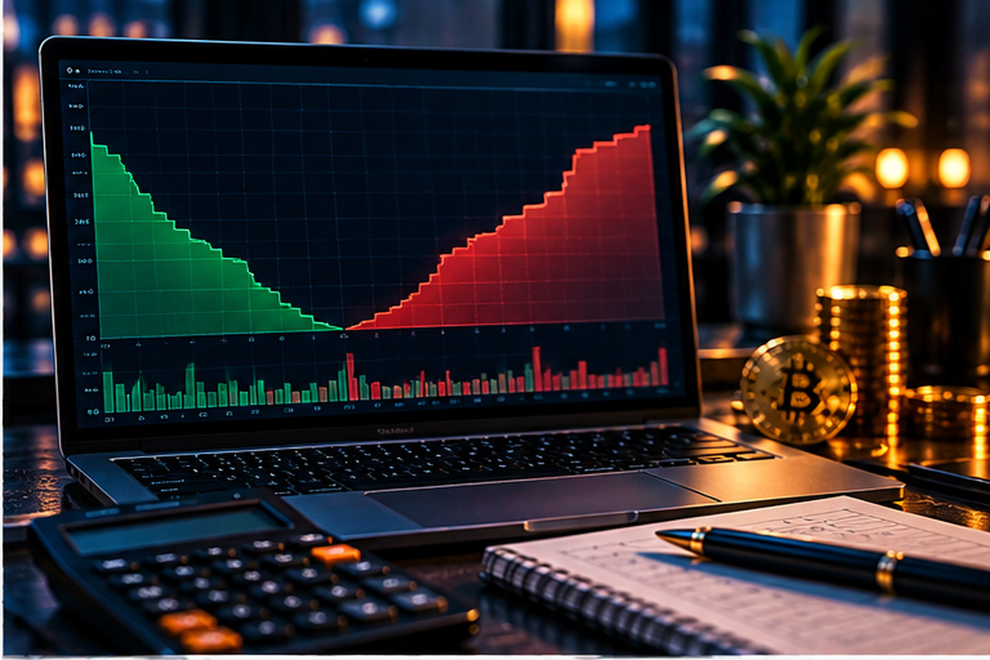 График глубины рынка BTC USDT с накопленными зелёными заявками покупателей и красными продавцов около текущей цены