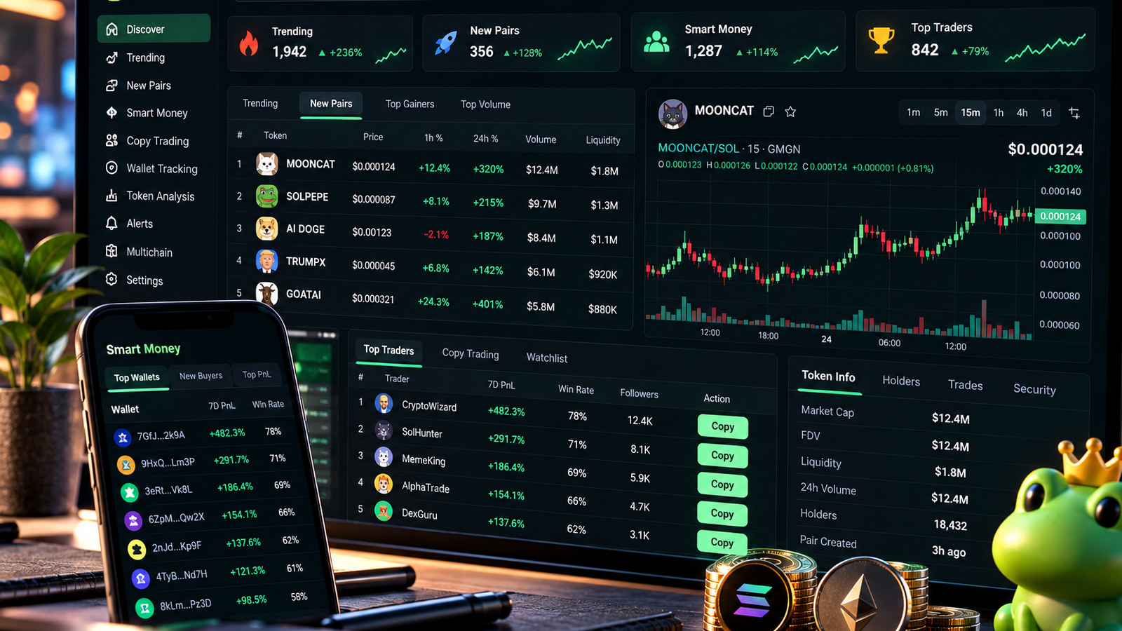 GMGN.ai: иллюстративный торговый терминал с поиском токенов, списком Smart Money и графиком криптовалюты
