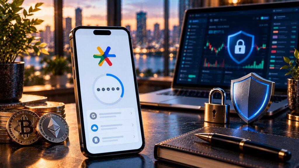 Google Authenticator для защиты криптобиржи: смартфон и символы безопасности, редакционная иллюстрация