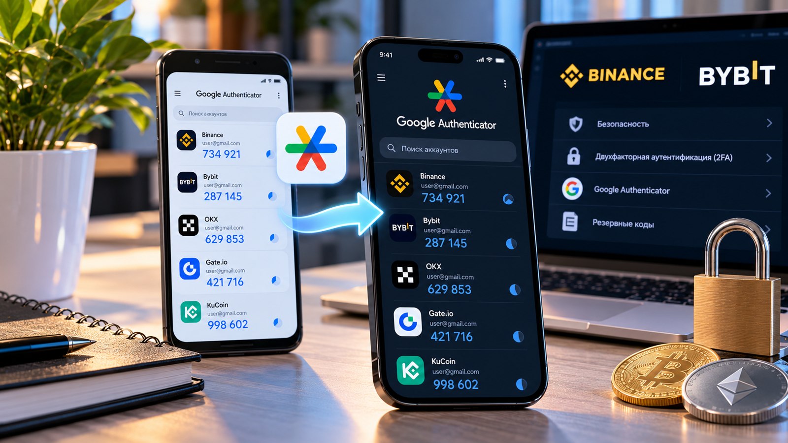Перенос Google Authenticator между старым и новым телефоном, иллюстрация с вымышленными учебными кодами
