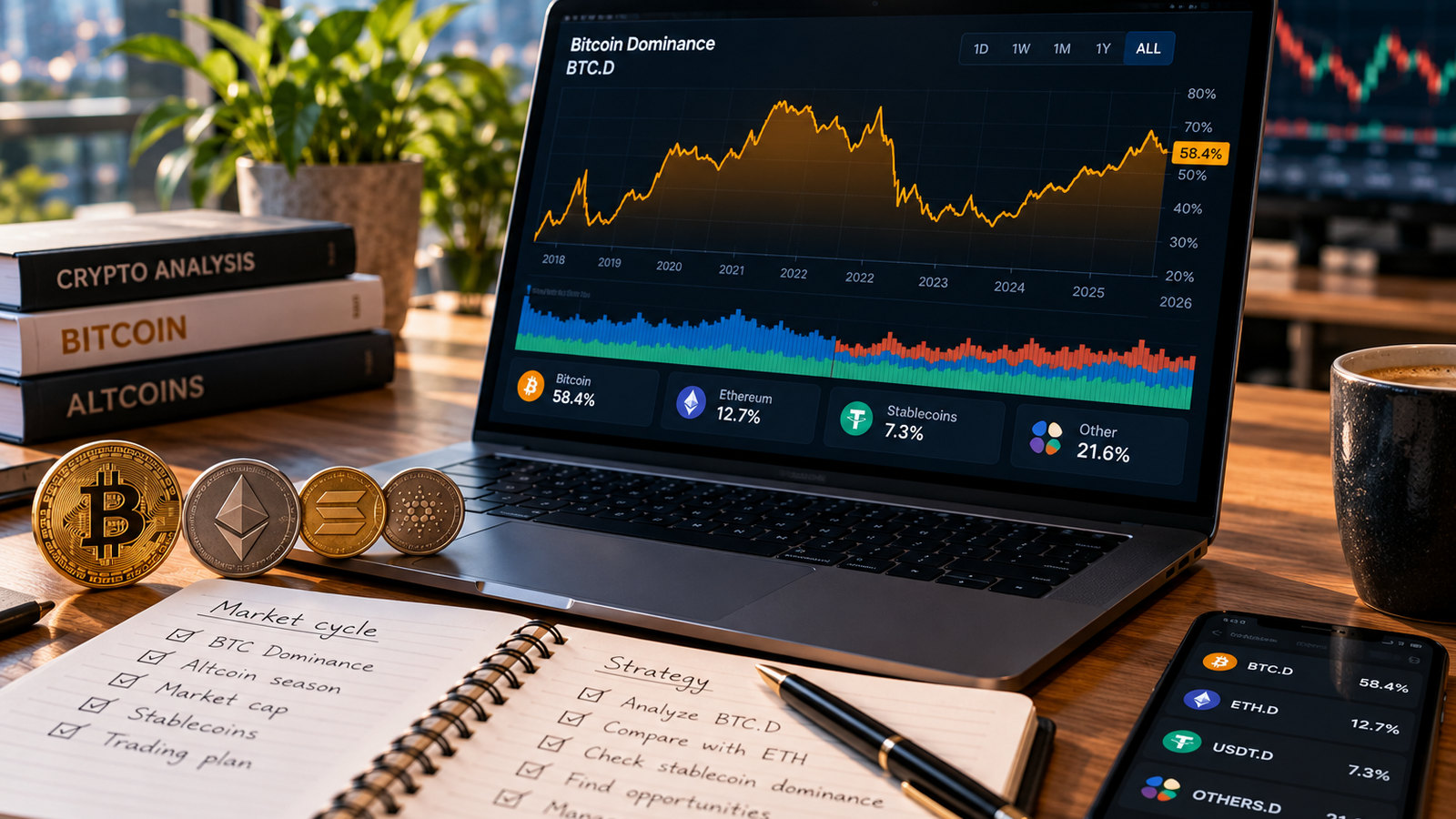 Ноутбук с иллюстративным графиком доминации BTC.D и криптовалютными рыночными показателями