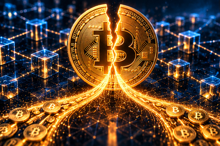 Золотой символ Bitcoin разделён над блокчейн-сетью — иллюстрация сокращения выпуска новых биткоинов при халвинге