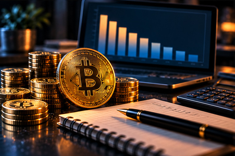 Монета Bitcoin, расчётный блокнот и график уменьшающегося выпуска монет возле калькулятора