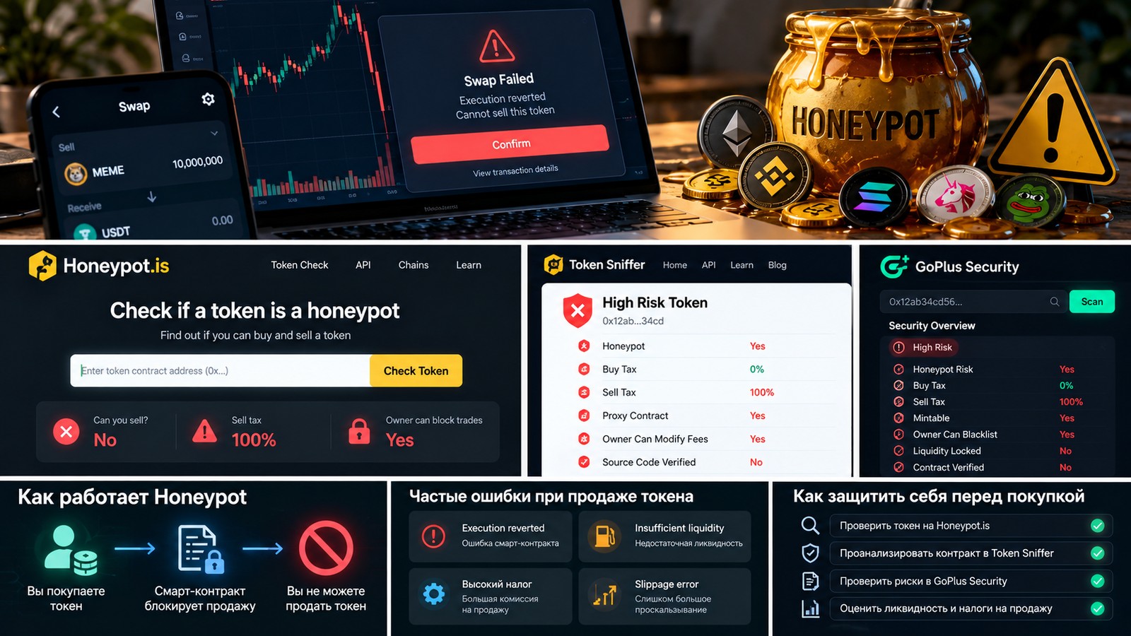 Учебное сравнение проверки Honeypot.is, Token Sniffer и GoPlus Security без реальных результатов конкретного токена