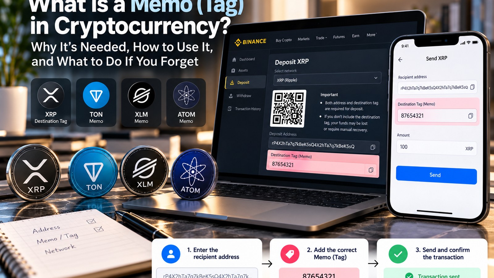 Учебная последовательность отправки криптовалюты: адрес кошелька, Memo Tag и подтверждение перевода