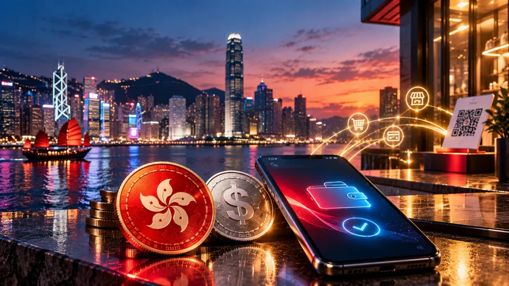 Концептуальная обложка о запуске банковского стейблкоина RedCoin в Гонконге: цифровые платежи, смартфон, монеты и городской пейзаж, не интерфейс HSBC
