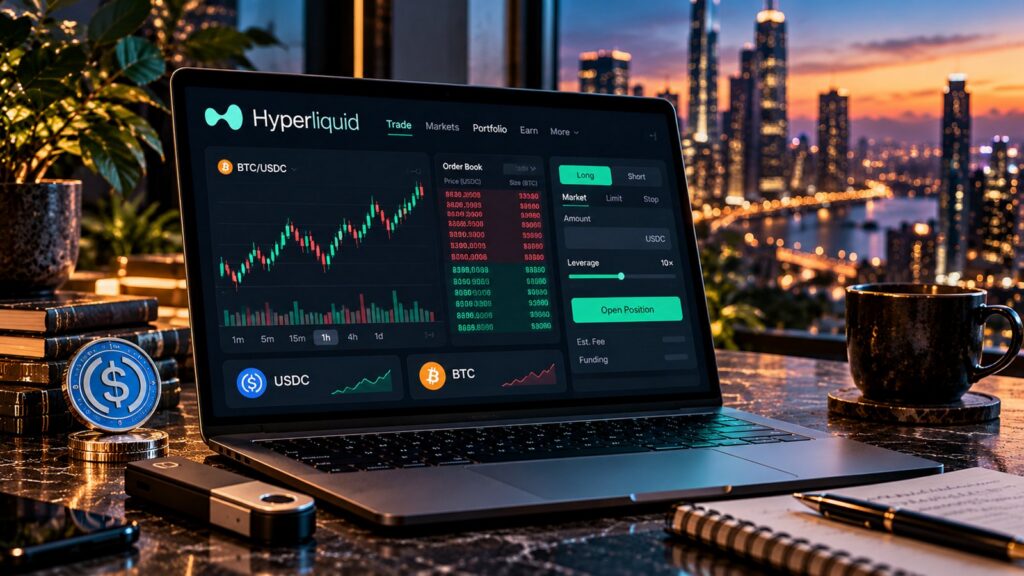 Hyperliquid: концептуальная иллюстрация криптовалютной биржи с торговым терминалом и графиком