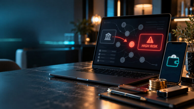 Концептуальная обложка: криптокошелёк, монитор с предупреждением High Risk и проверка рискованного перевода; не реальный экран Hyperliquid