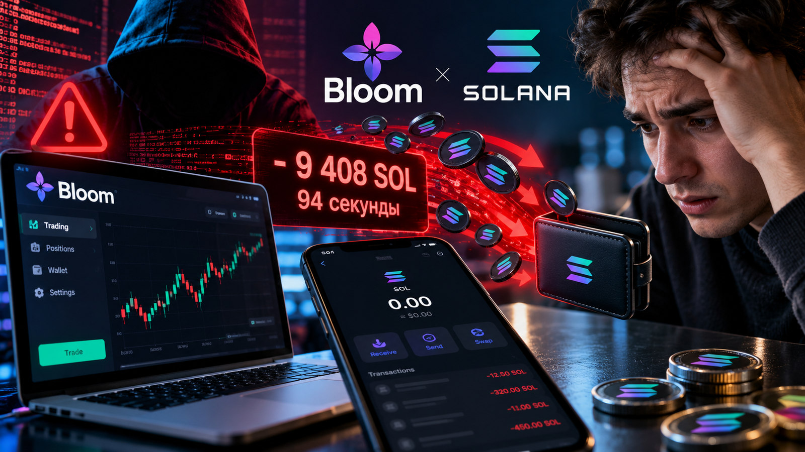 Редакционная иллюстрация атаки на торгового бота Bloom в сети Solana: кошелёк, ноутбук и предупреждение о списании SOL