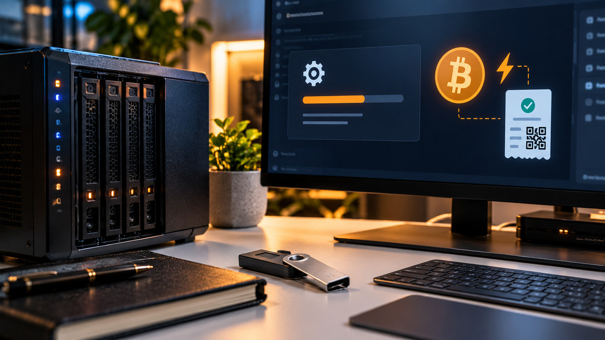 Редакционная фотография: сервер, монитор с обновлением BTCPay, символы Bitcoin и Lightning, аппаратный ключ