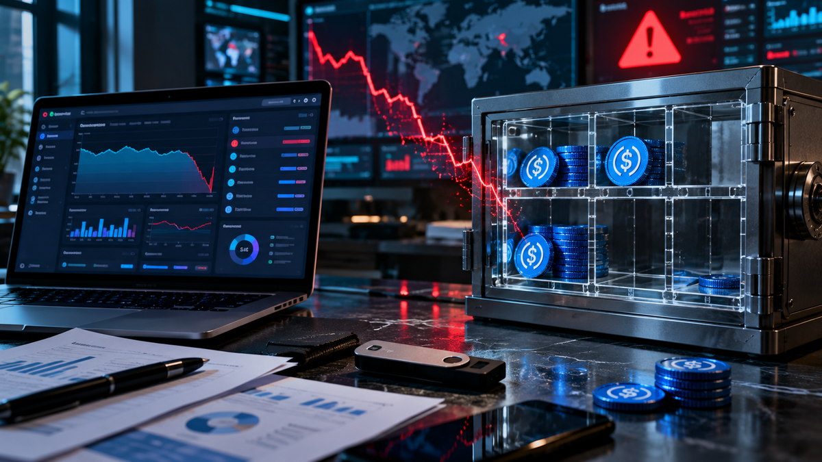 Хранилище ликвидности DeFi после взлома Ostium: стеклянный сейф с токенами USDC и падающая линия графика