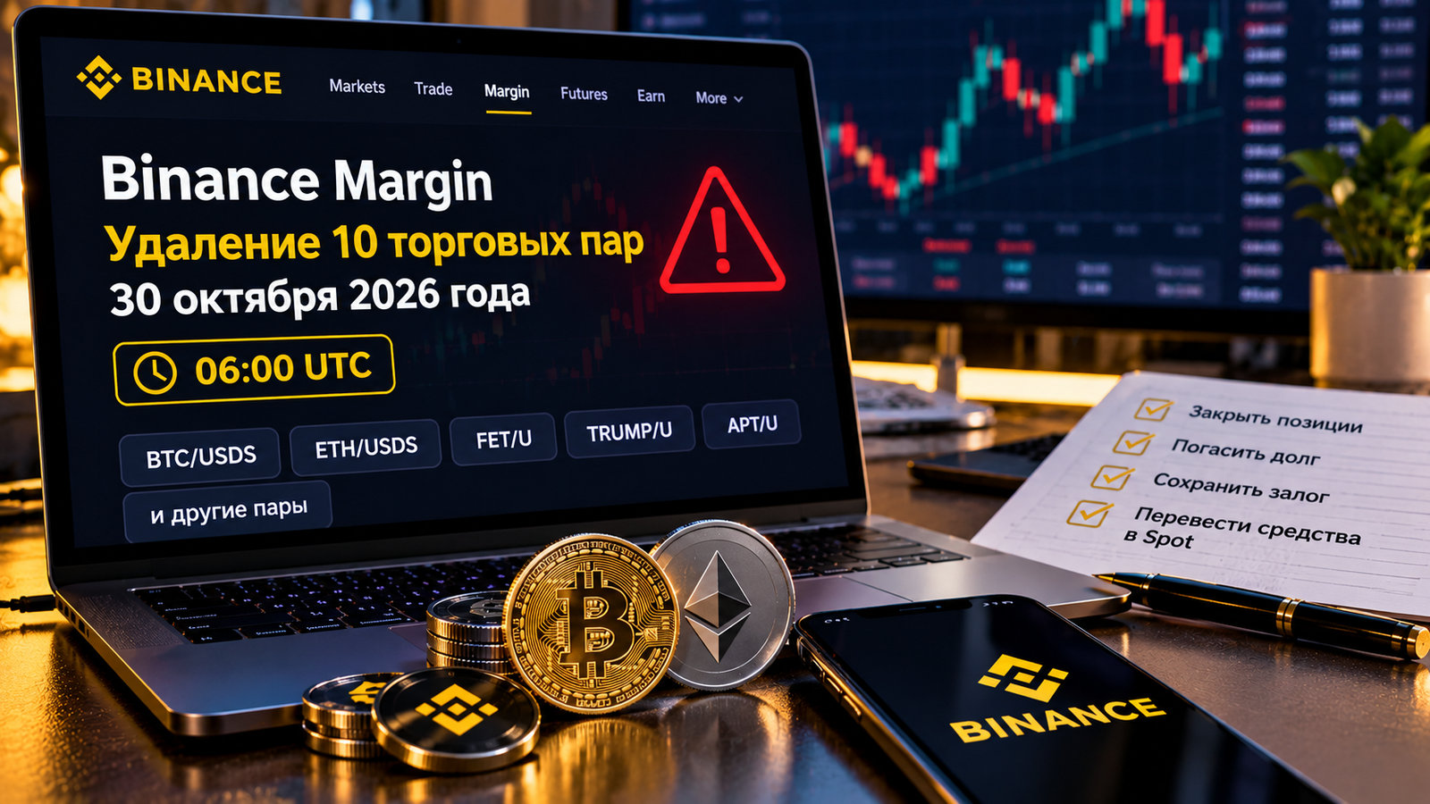 Редакционная иллюстрация Binance Margin: дата удаления торговых пар и памятка о закрытии позиций, погашении долга и сохранении залога