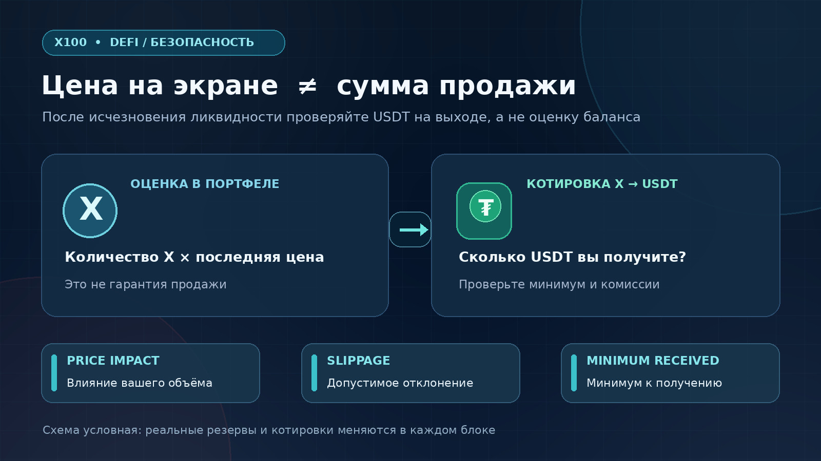Схема проверки продажи токена X: оценка в кошельке не равна реальной выручке USDT; нужно проверить Price Impact, Slippage и Minimum Received