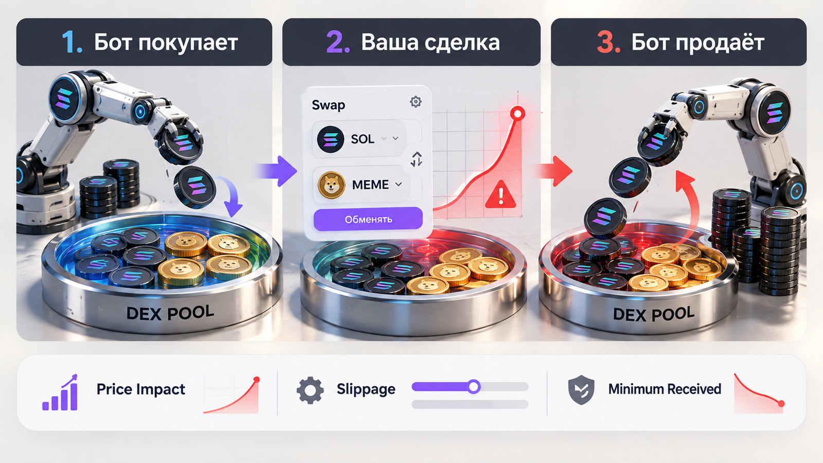 Схема sandwich-атаки: покупка бота, обмен пользователя и продажа бота; проверяйте Price Impact и Slippage
