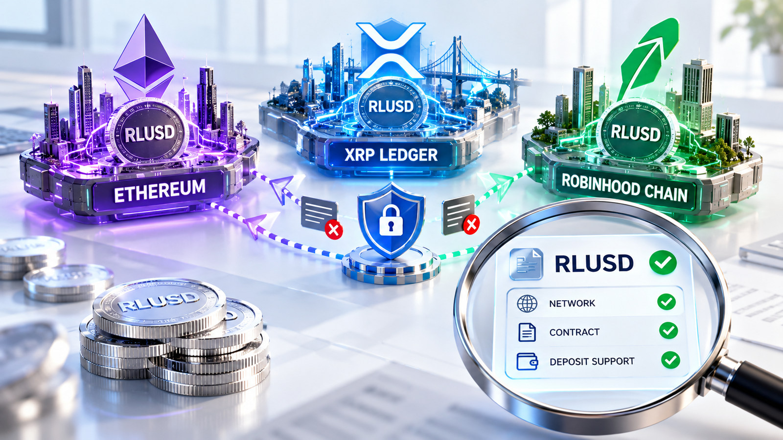 Три сети RLUSD: Ethereum, XRP Ledger и Robinhood Chain, проверка сети, контракта и поддержки депозита