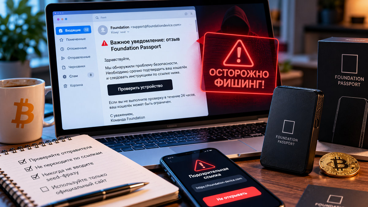 Иллюстрация фишингового сообщения о Foundation Passport с красным предупреждением не открывать ссылку