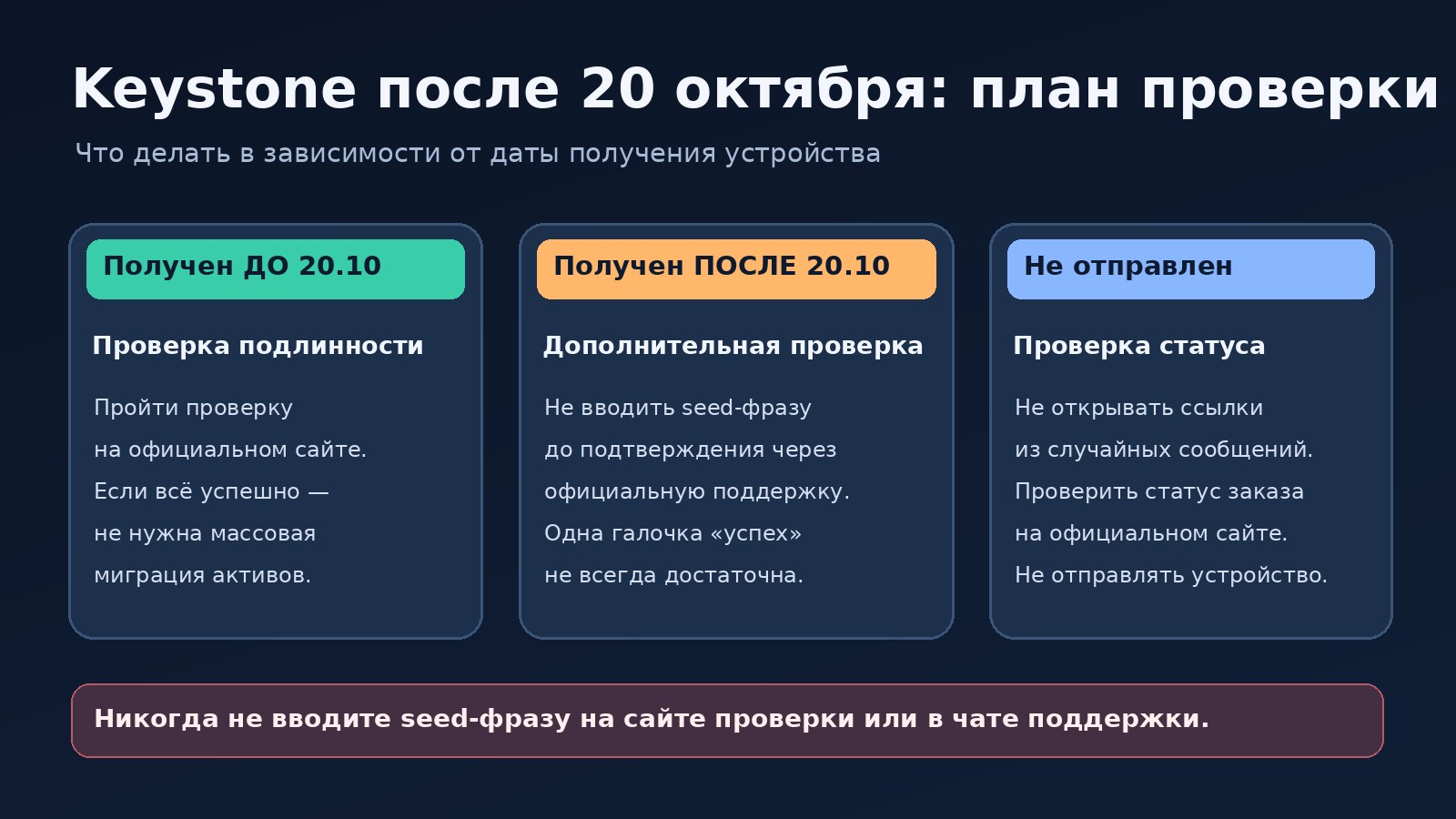 Инфографика: что делать владельцу Keystone до и после 20 октября 2026 года и при неотправленном заказе