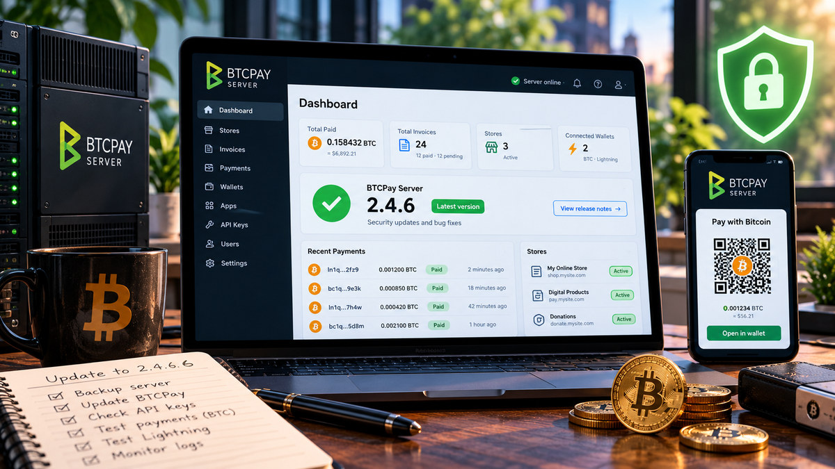 Редакционная иллюстрация BTCPay Server 2.4.6: проверка работающего сервера, оплаченных счетов и QR-кода Bitcoin