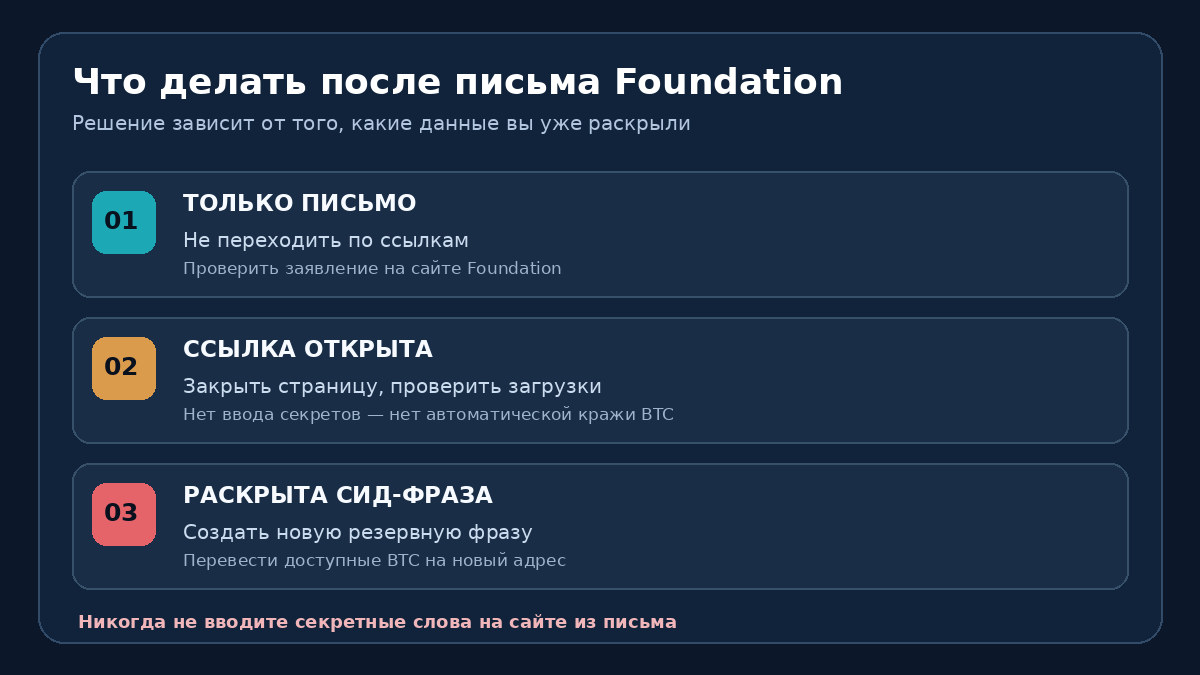 Инфографика действий после фишингового письма Foundation: не открывать ссылки, проверять устройство и менять кошелёк при утечке сид-фразы