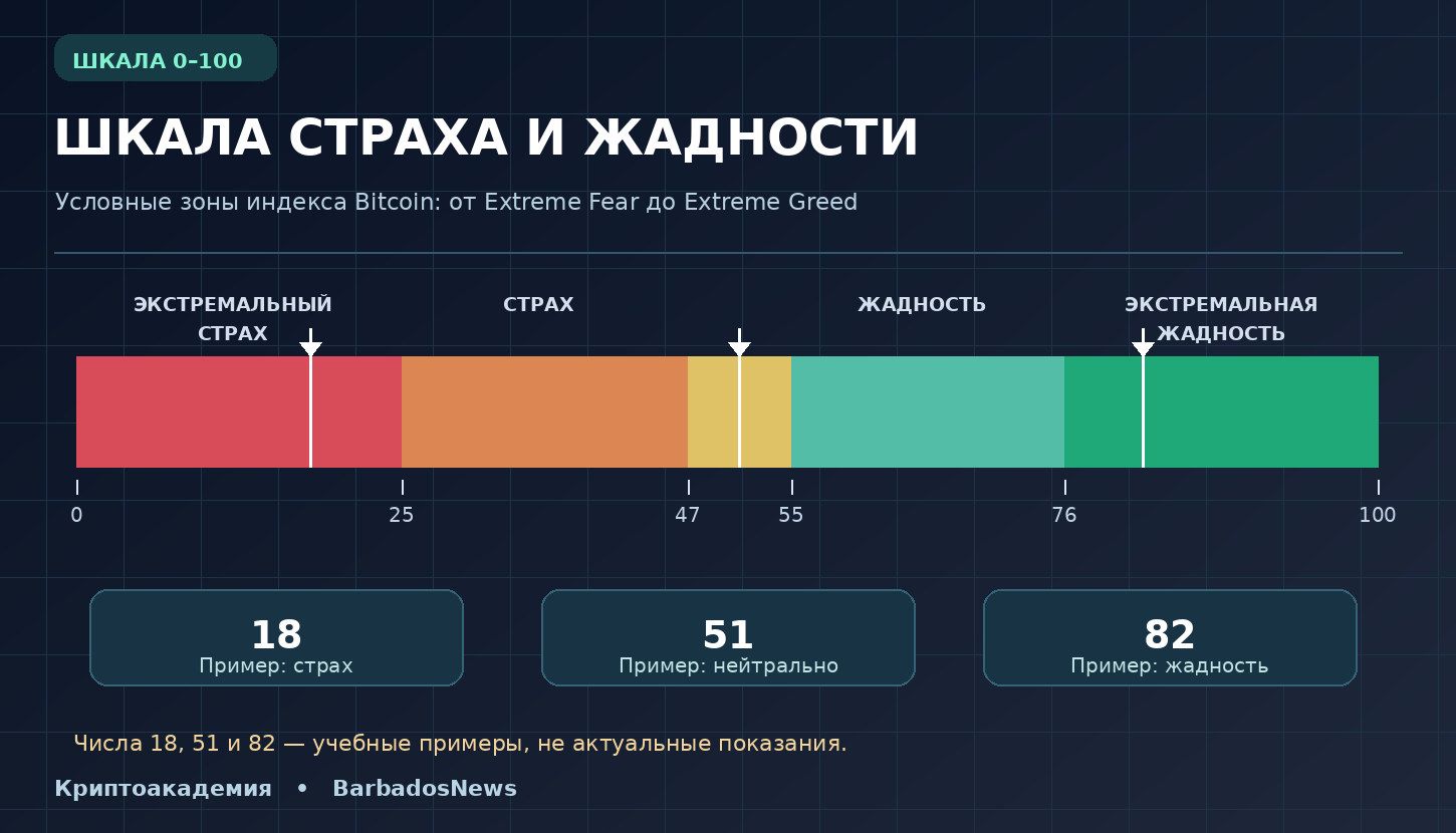 Индекс страха и жадности криптовалют: шкала от 0 до 100 с зонами Extreme Fear, Neutral и Extreme Greed