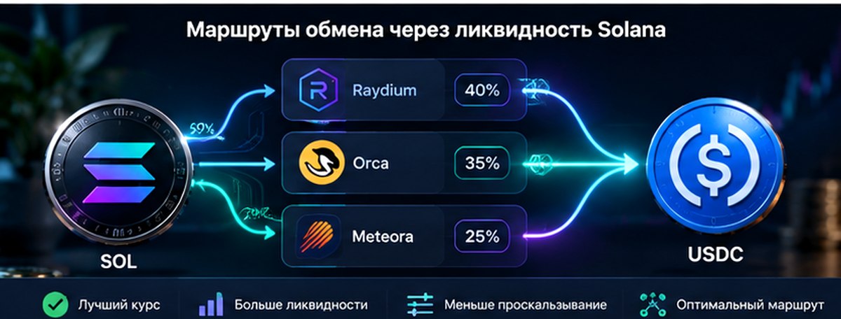 Как Jupiter собирает маршрут обмена токенов Solana из нескольких пулов ликвидности