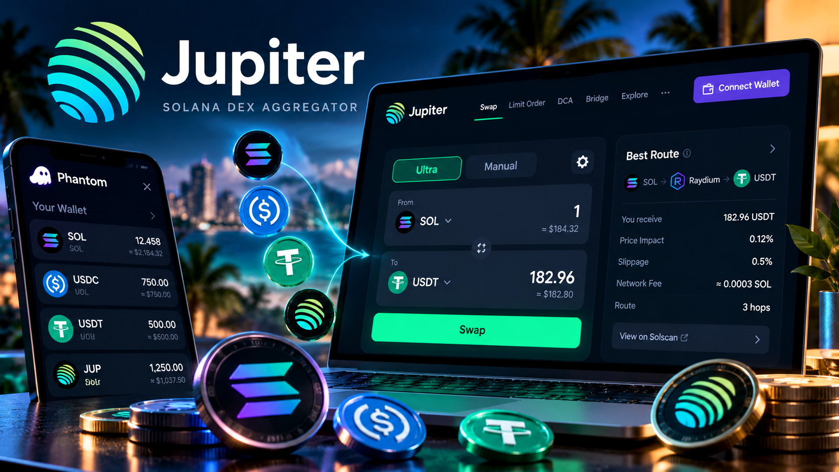 Jupiter Swap и Phantom: кошелёк Solana, монеты SOL, USDT и интерфейс обмена