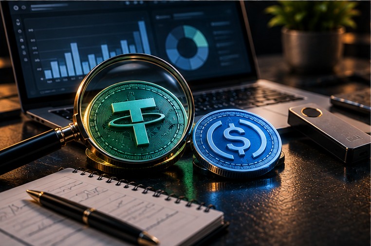 Проверка монет USDT и USDC с увеличительным стеклом рядом с ноутбуком и аппаратным криптокошельком