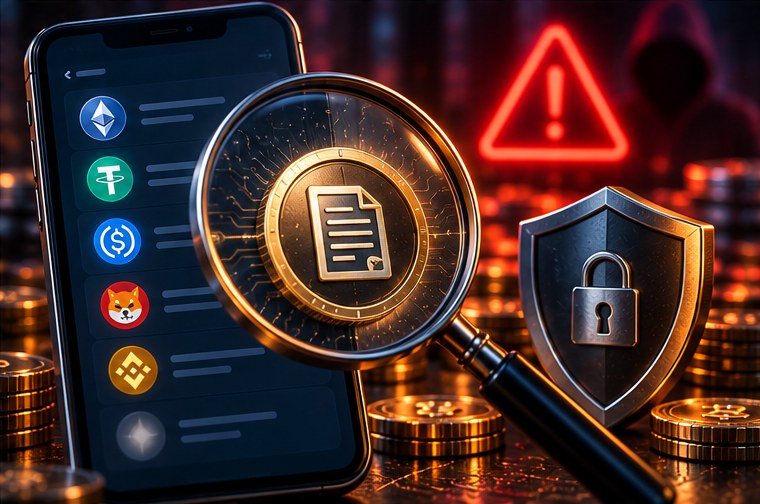 Смартфон с перечнем токенов и увеличительное стекло для проверки адреса выпуска