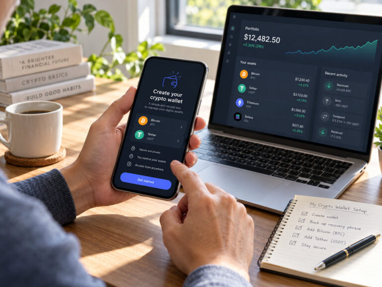 Создание криптокошелька на смартфоне рядом с компьютером и блокнотом