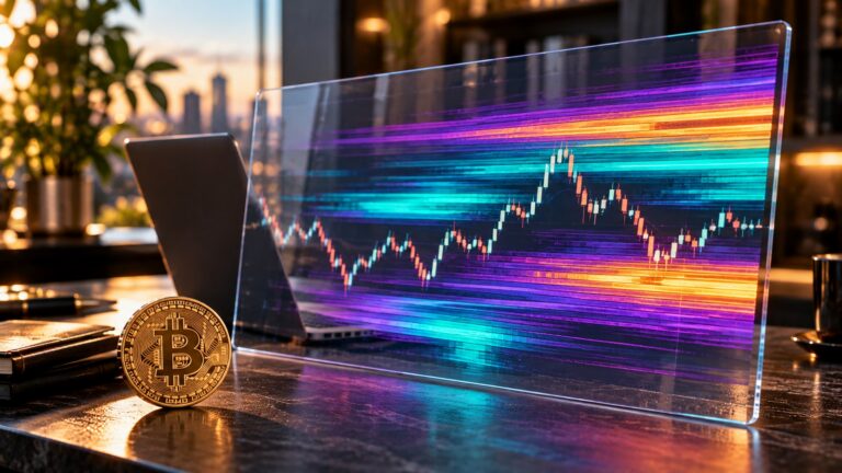 Обложка: фотографическая сцена с Bitcoin и цветной тепловой картой фьючерсных уровней в рабочем кабинете
