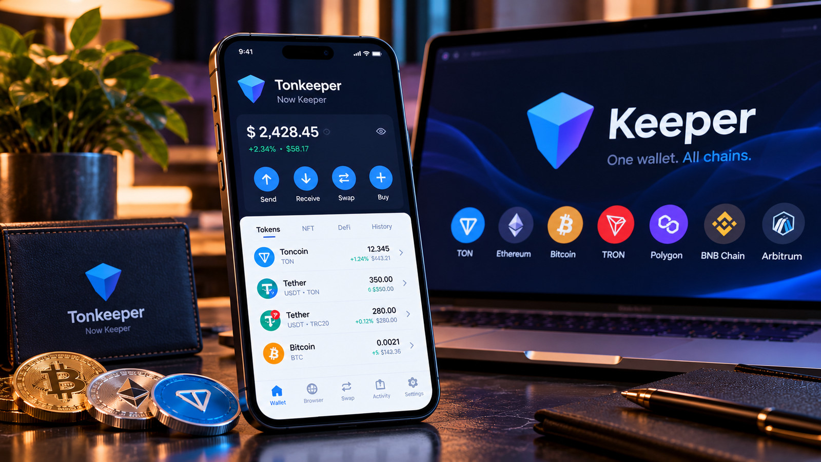 Постановочная визуализация Tonkeeper и Keeper на смартфоне и ноутбуке; условный макет интерфейса, не реальный экран приложения