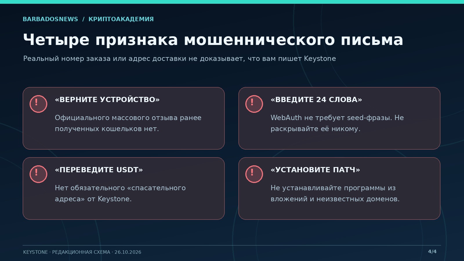 Типовые признаки мошеннических сообщений после утечки Keystone: возврат кошелька, запрос seed-фразы, перевод на безопасный адрес и фальшивый патч
