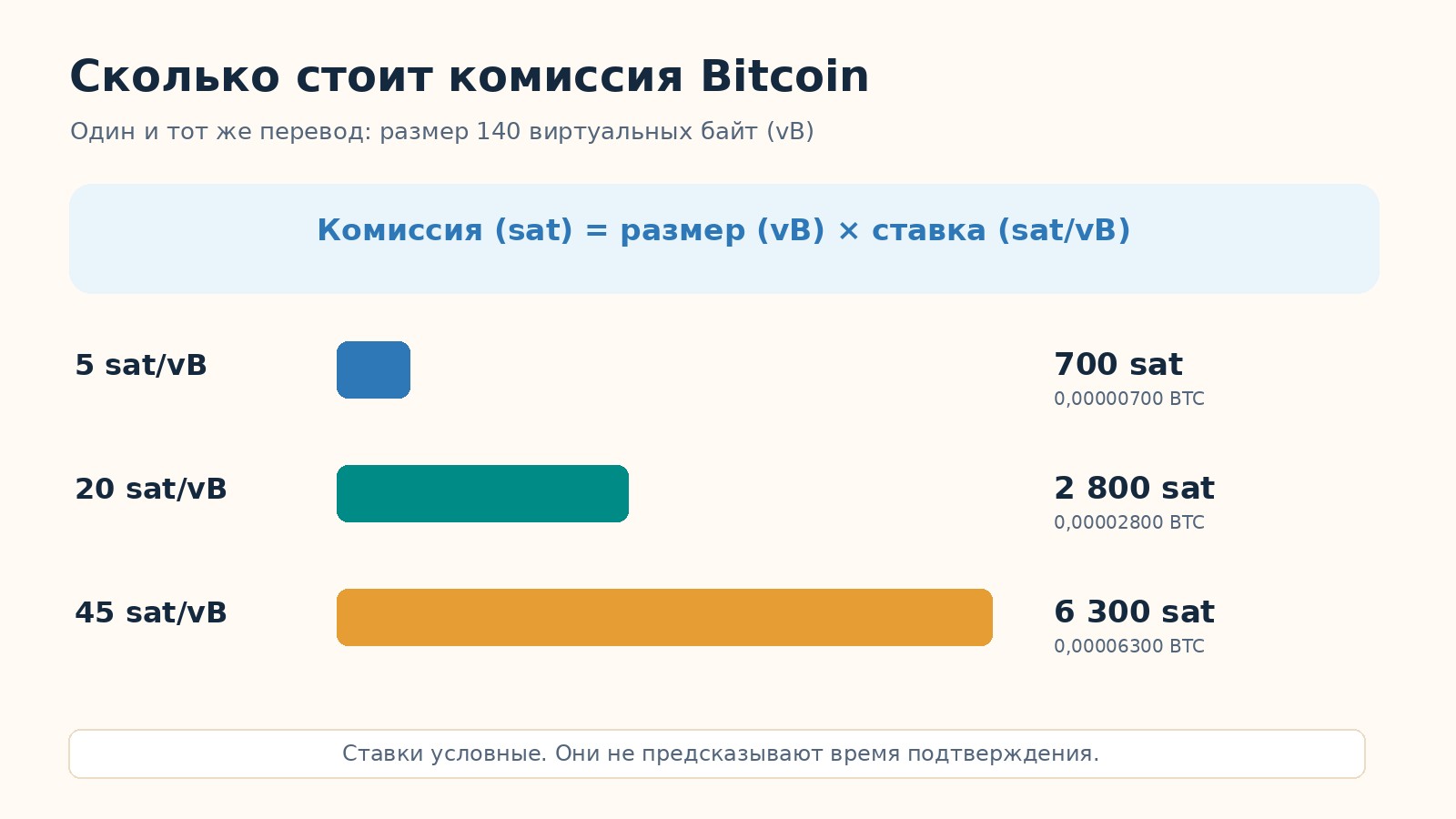 Сравнение комиссий Bitcoin для перевода размером 140 vB при ставках 5, 20 и 45 sat/vB