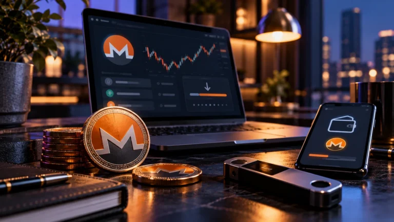 Монеты Monero и экран криптокошелька на рабочем столе: вывод XMR с Kraken и ограничения 2026 года, постановочная иллюстрация