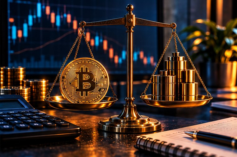 Весы с Bitcoin и стопками монет иллюстрируют соотношение номинала фьючерсной позиции и маржи