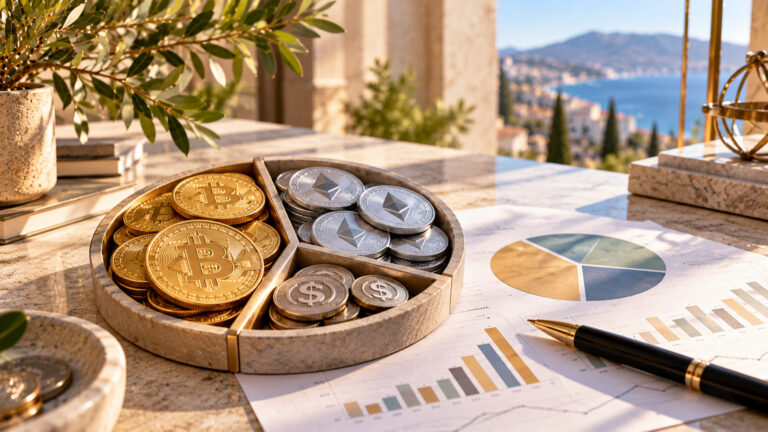 Предметная обложка: Bitcoin, Ethereum и стейблкоины в отдельных секторах, рядом графики распределения криптовалютного портфеля